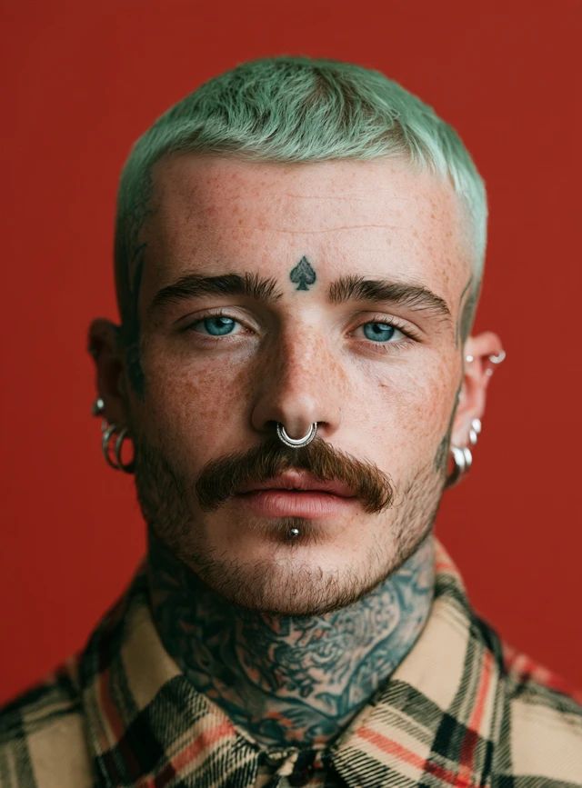 Close-up of a man with light green buzzed hair and blue eyes against a solid red backdrop