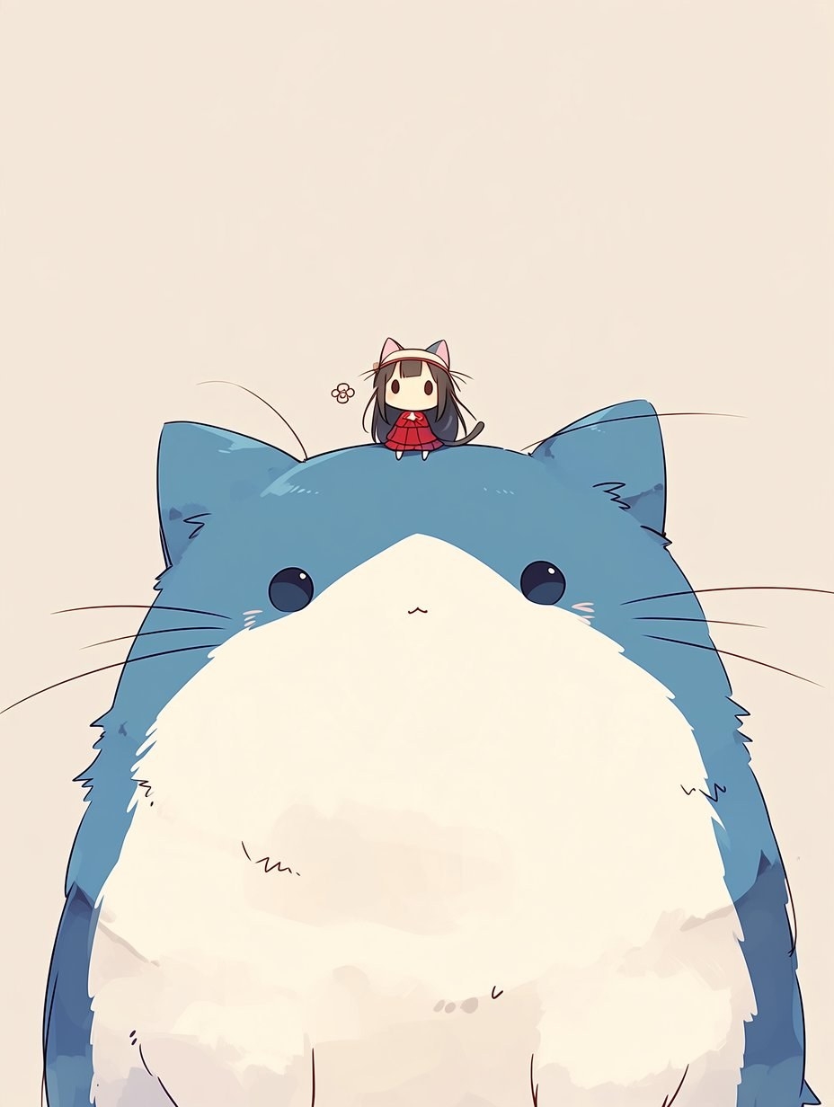 blue and white cartoon cat with girl in red dress create warm Japanese anime atmosphere in watercolor style