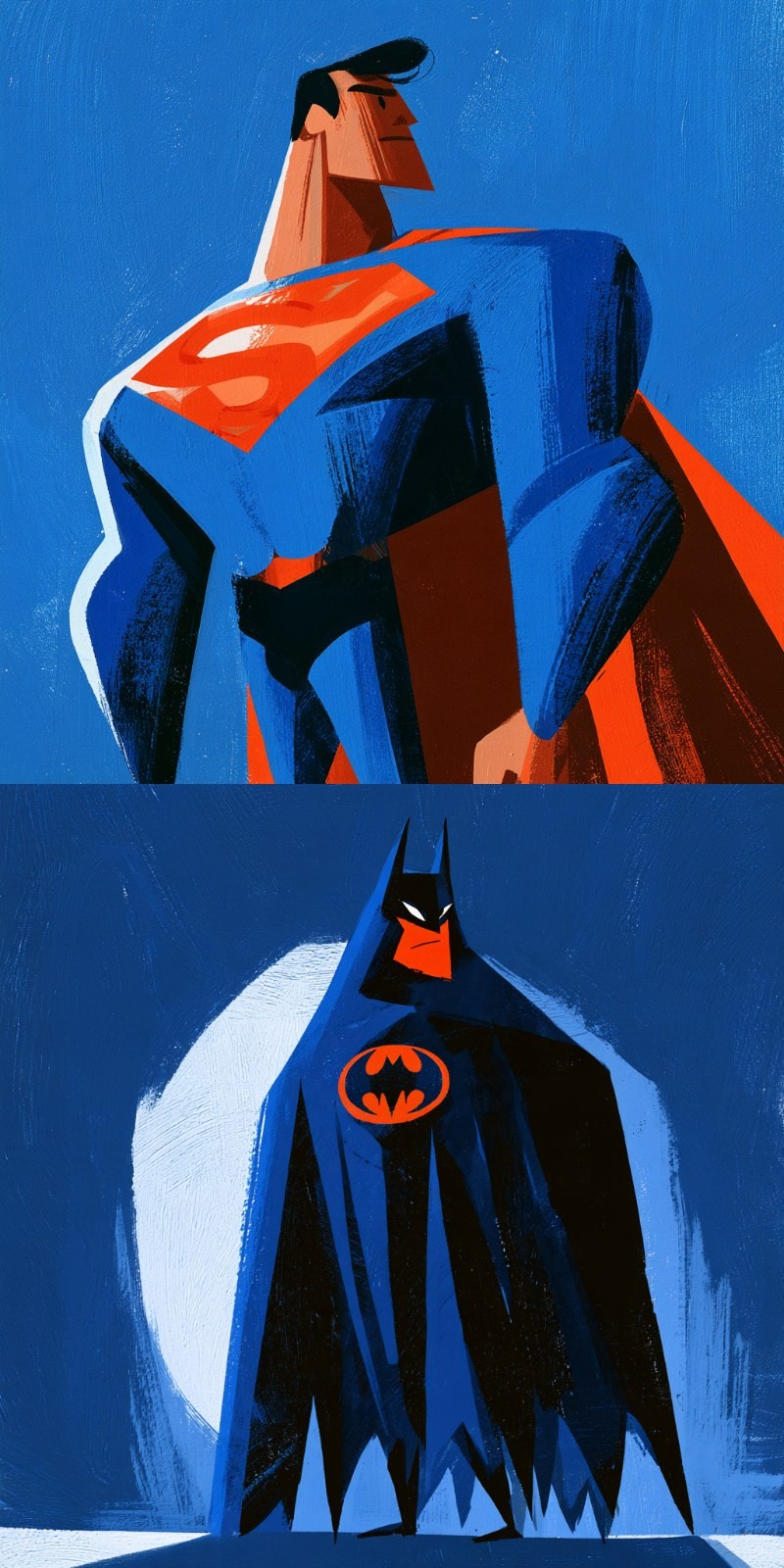 This illustration depicts two stylized superheroes