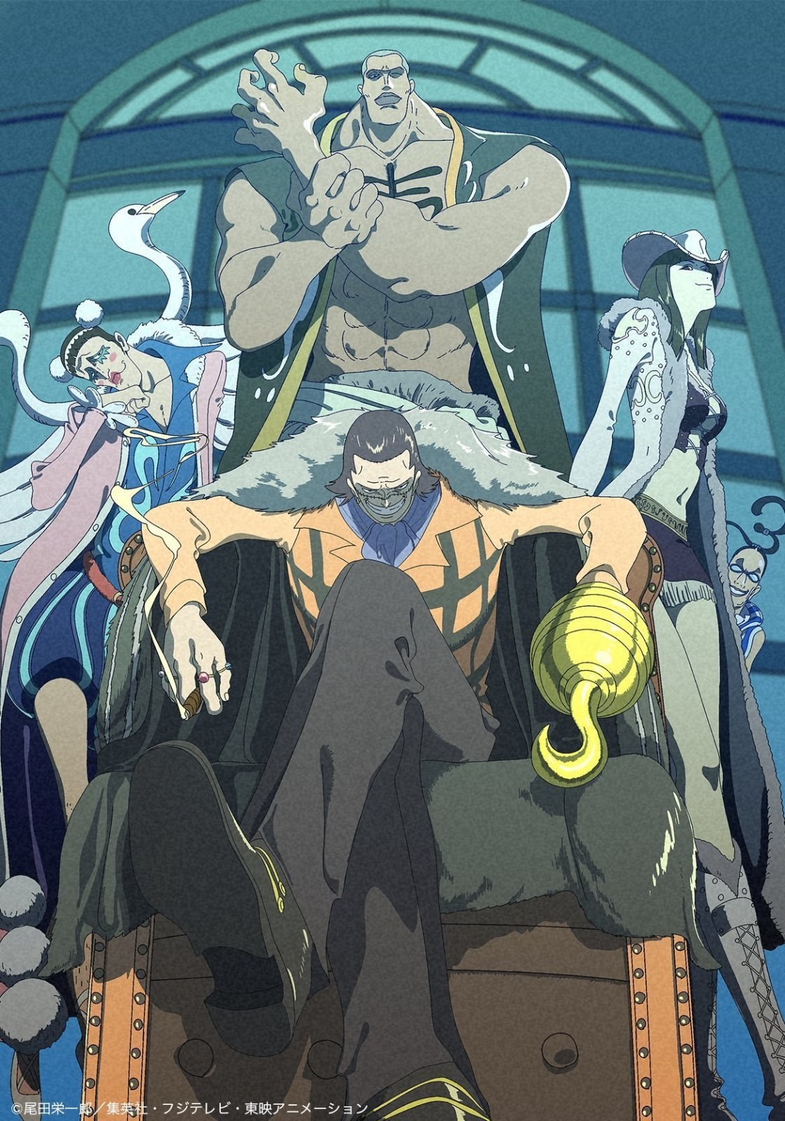 A man in a gray fur collar coat and orange-black striped suit is lazily sitting in a chair, behind him are a muscular man and a woman in blue-purple attire