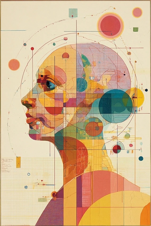 Diagramme moderniste du milieu du siècle avec des champs de couleur translucide en ocre chaud, corail, sarcelle et ambre