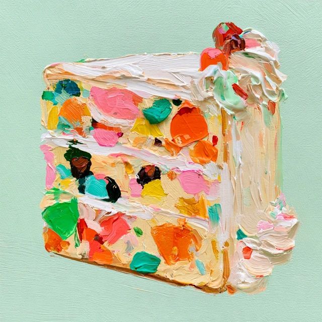 An abstract acrylic painting of a colorful fruit cake