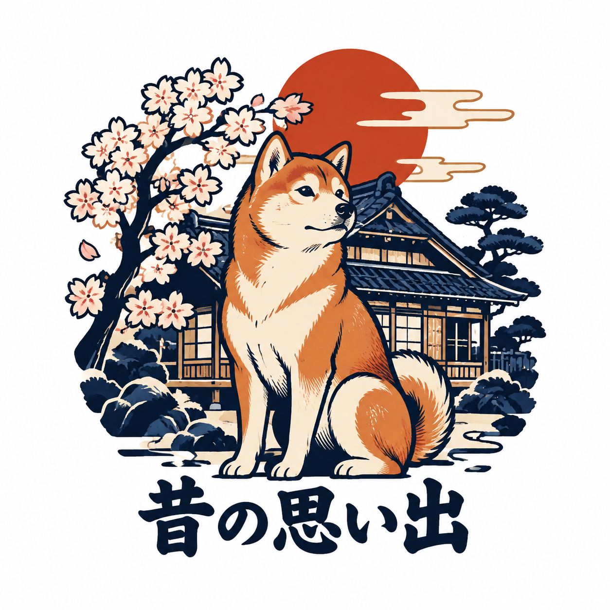 设计一款浮世绘风格的柴犬T恤图案