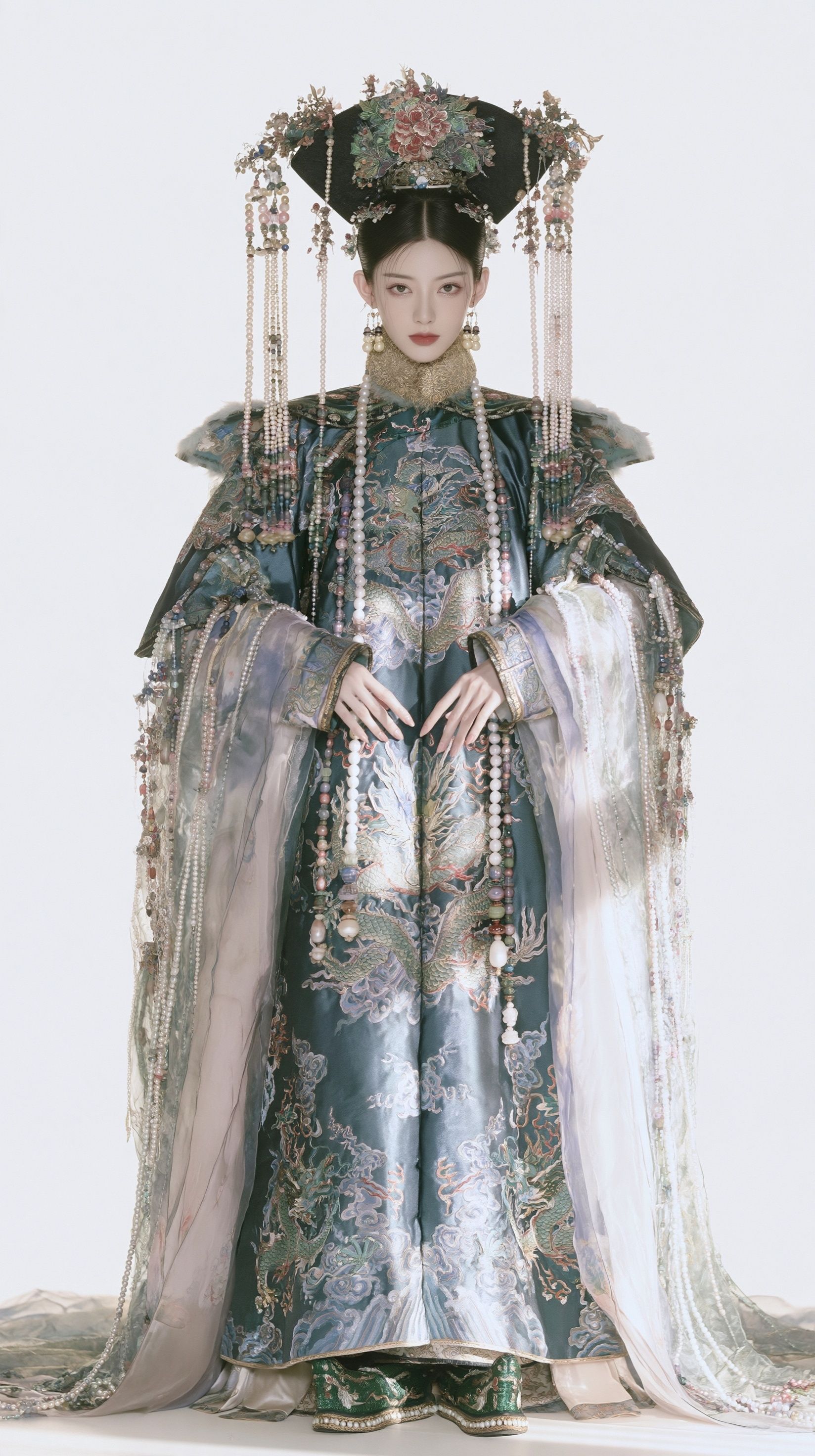 Hoja de personaje de cuerpo completo de una noble consorte imperial de la dinastía Qing en una túnica verde azul oscuro con bordados de dragón dorado y una actitud digna