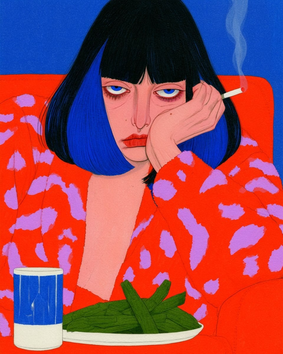 一位蓝黑渐变短发的女孩在红色沙发上托腮抽烟