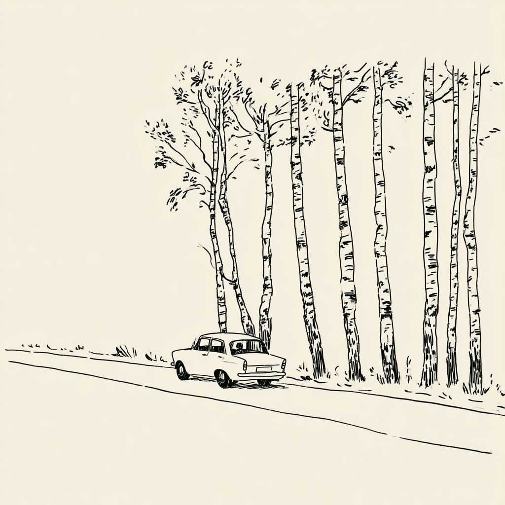 A road in Ukraine with birch trees and an old Moskvich car