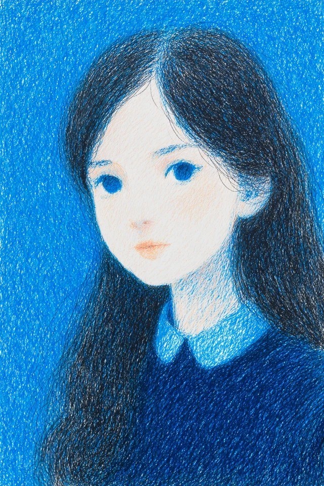 Ilustración suave de lápiz de color que presenta azul cerúleo rico y azul marino profundo, adecuada para portadas de libros de poesía y arte de álbumes indie melancólicos