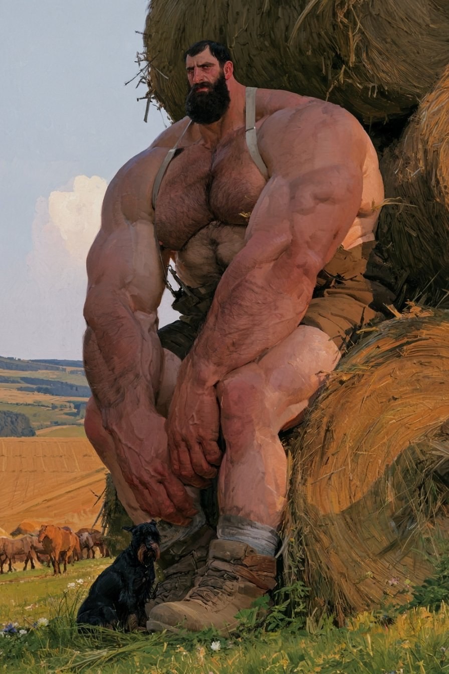 Um homem musculoso está sentado em um monte de feno com um cachorro preto ao seu lado