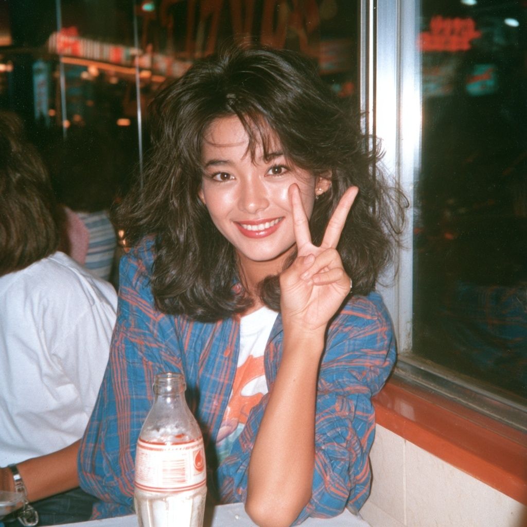 Eine junge Japanerin in einem Retro-Café, die mit einem Lächeln ein V-Zeichen macht, aber subtile Traurigkeit in ihren Augen zeigt