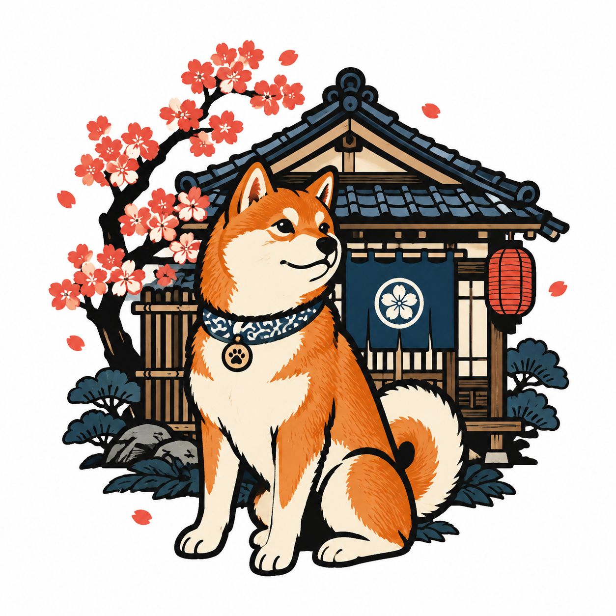 白色背景上的日本浮世绘风格柴犬设计