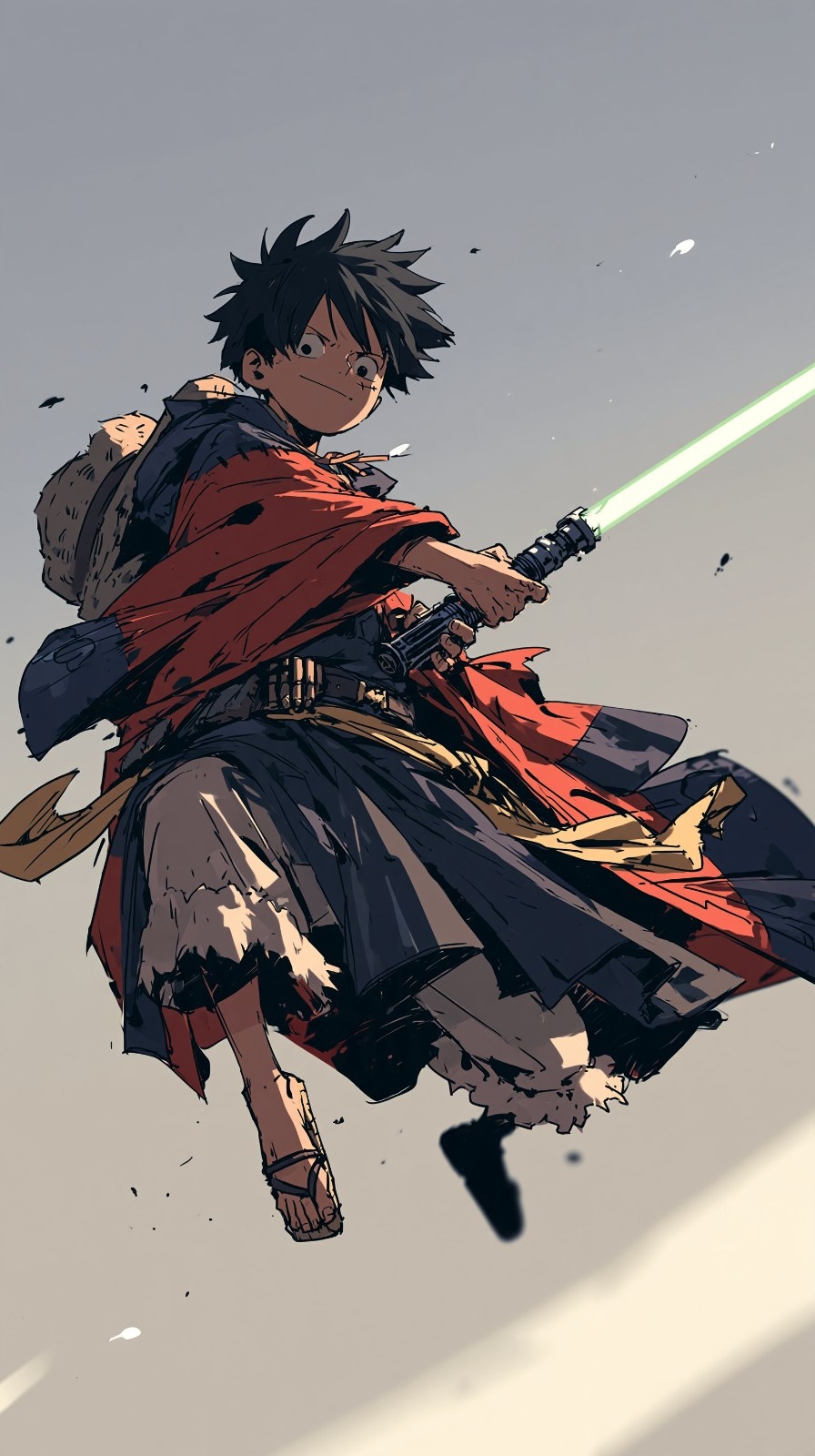 A black-haired boy in a tattered red and blue robe leaps, wielding a green lightsaber