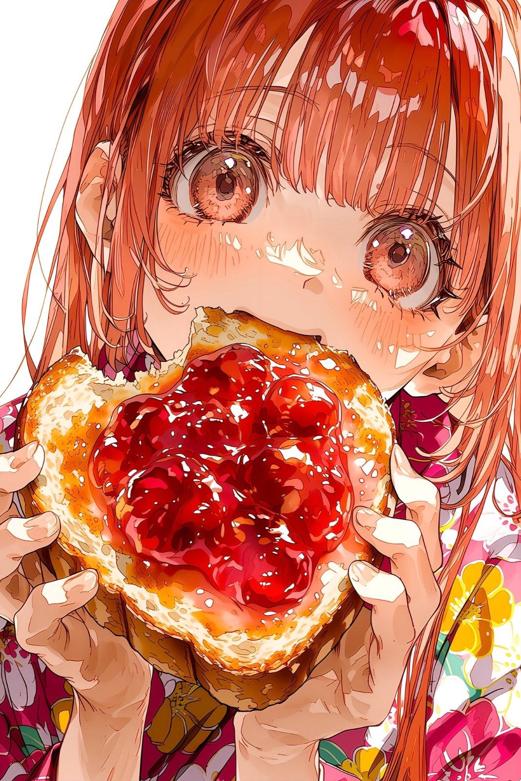 Chica de cabello castaño rojizo con kimono púrpura floral comiendo tostada con mermelada