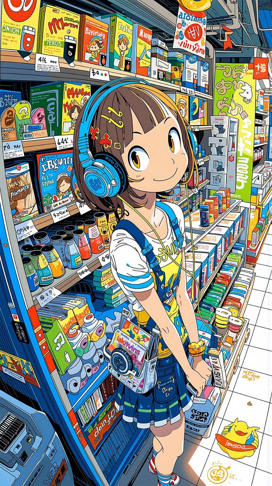 一位短发女孩在便利店挑选商品
