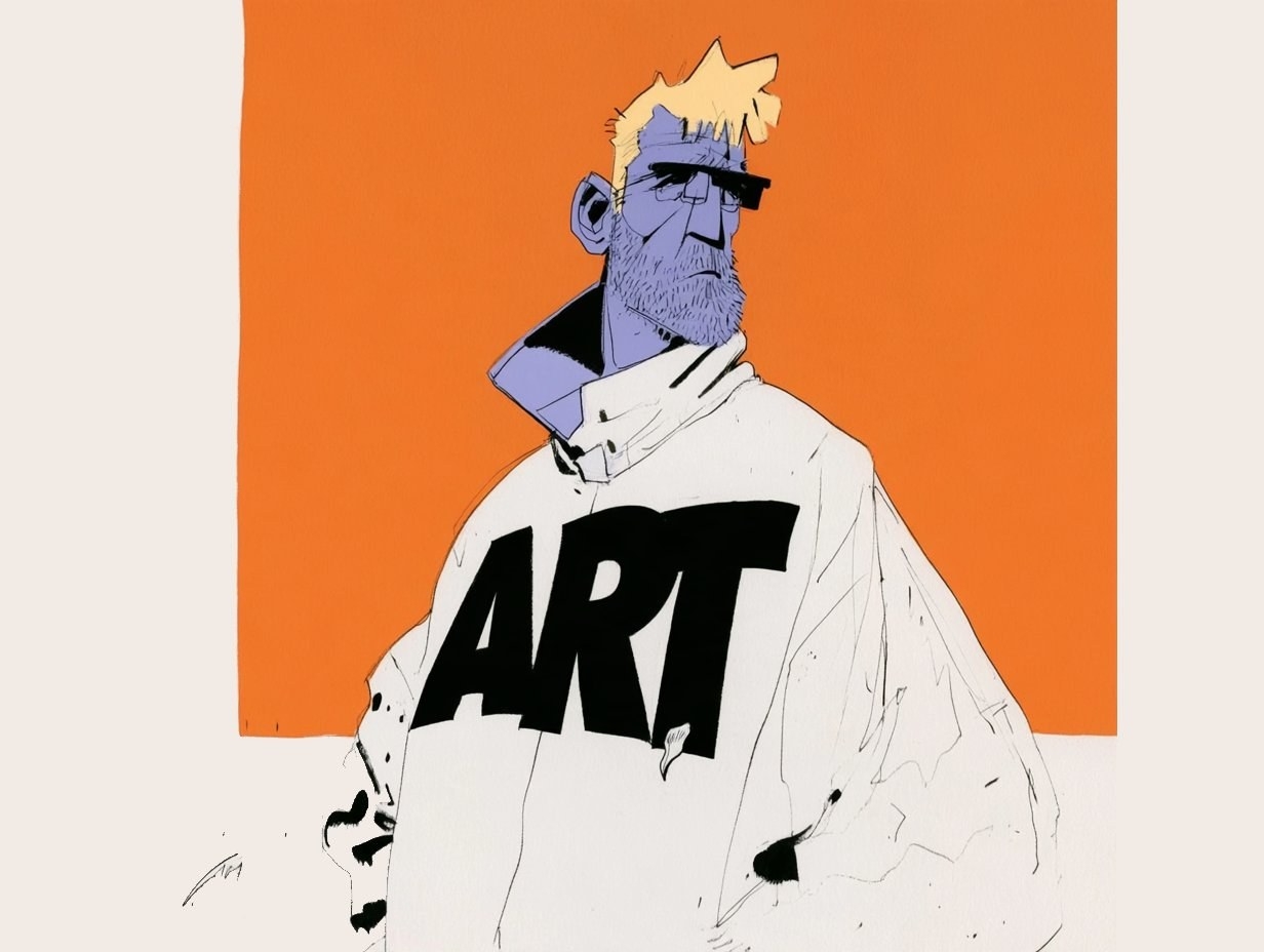 This is an illustration depicting a male with blue-purple skin and short blonde hair