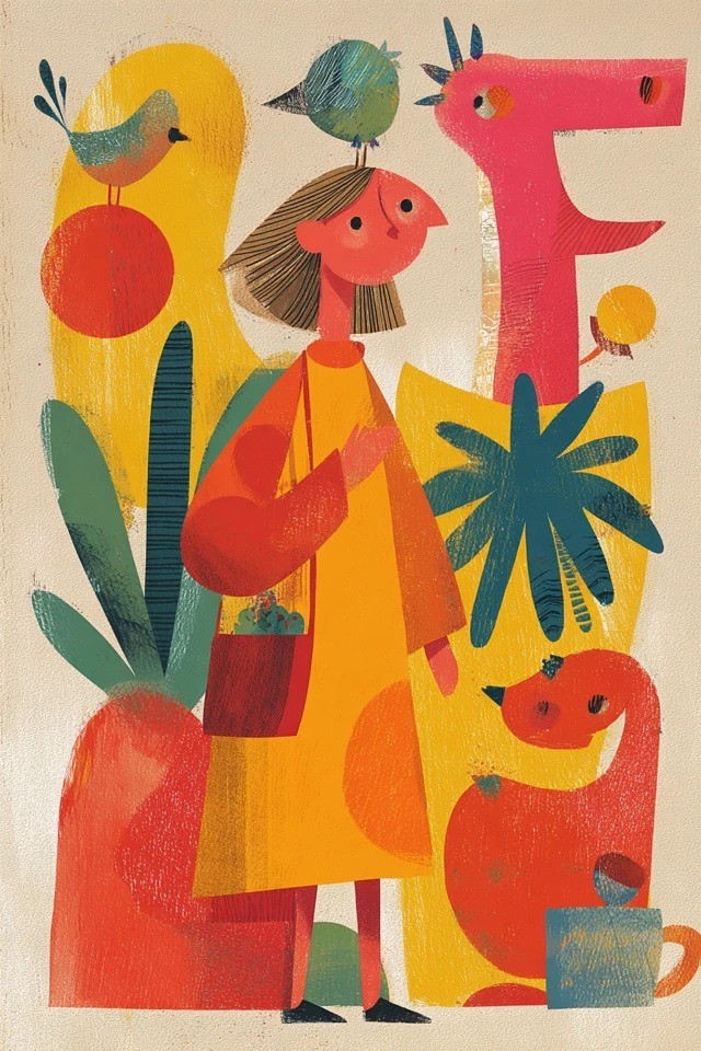 Formes graphiques plates avec une palette chaude adaptées aux illustrations de livres pour enfants