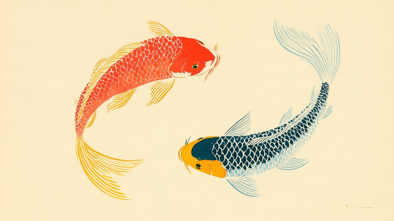 Two koi fish swim towards each other against a beige background