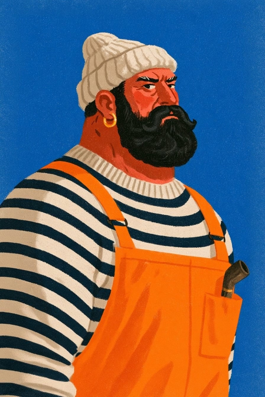 The illustration depicts a man with a fluffy black beard wearing gold earrings, a blue and white striped shirt, and orange overalls