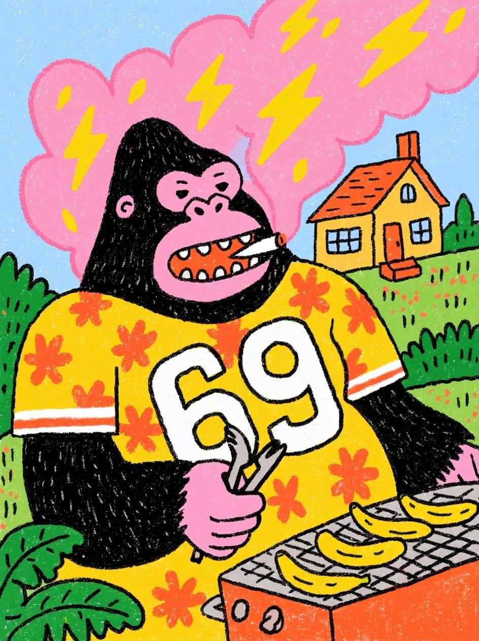 Gorille noir anthropomorphique en tee-shirt jaune fleuri grillant des bananes jaunes en plein air