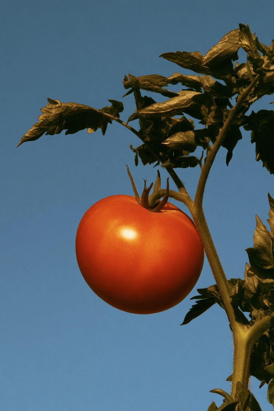 Un tomate rojo orgánico cuelga de un árbol en medio de un huerto azul