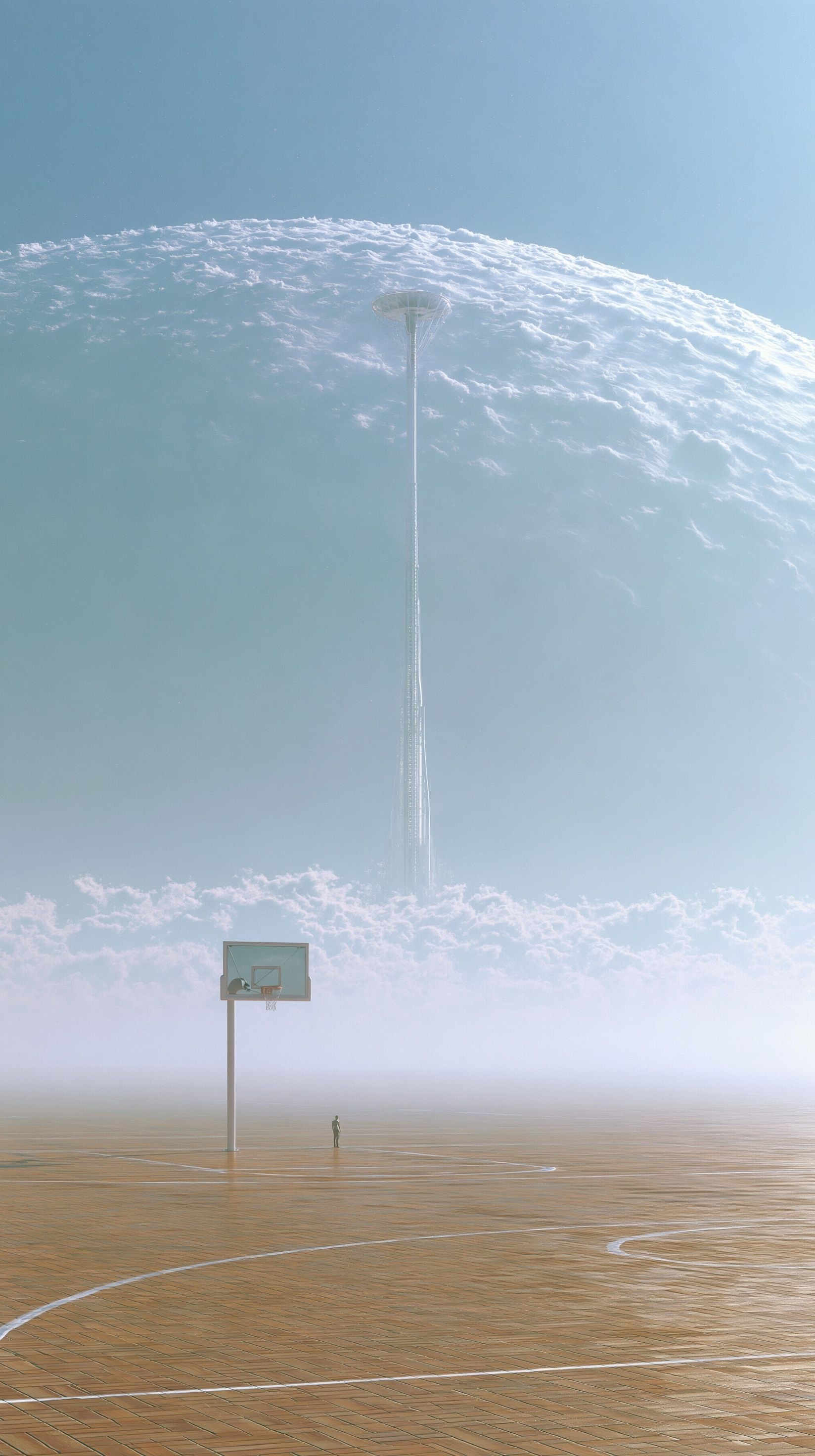 A towering basketball hoop stands in a serene white cosmic plain