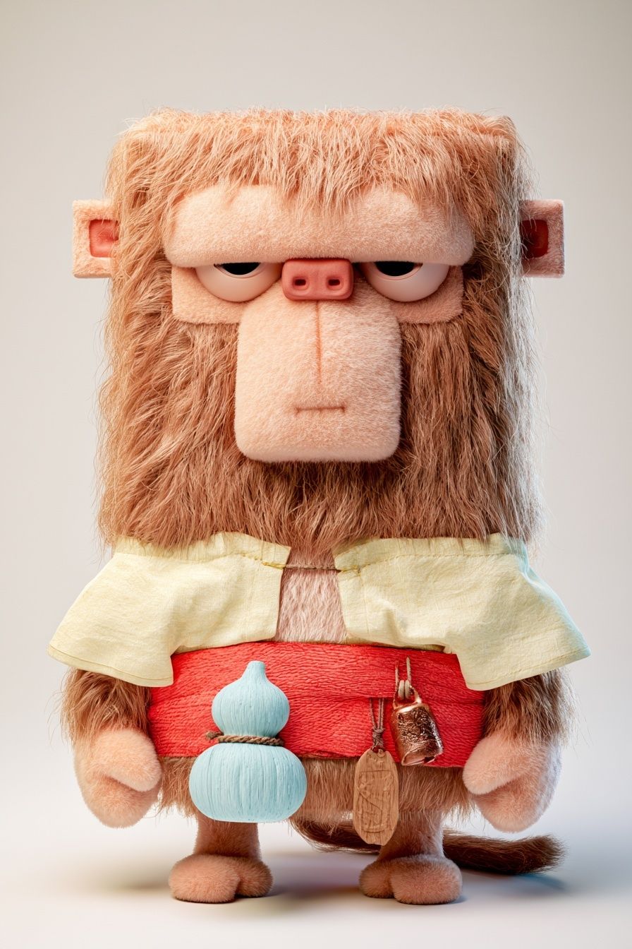 Designer collectible plush monkey features a neckless design with a rectangular silhouette and a cheerful color palette