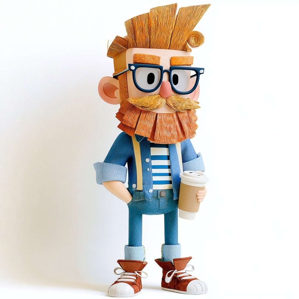 Un personaje masculino de dibujos animados viste una chaqueta azul y jeans mientras sostiene café