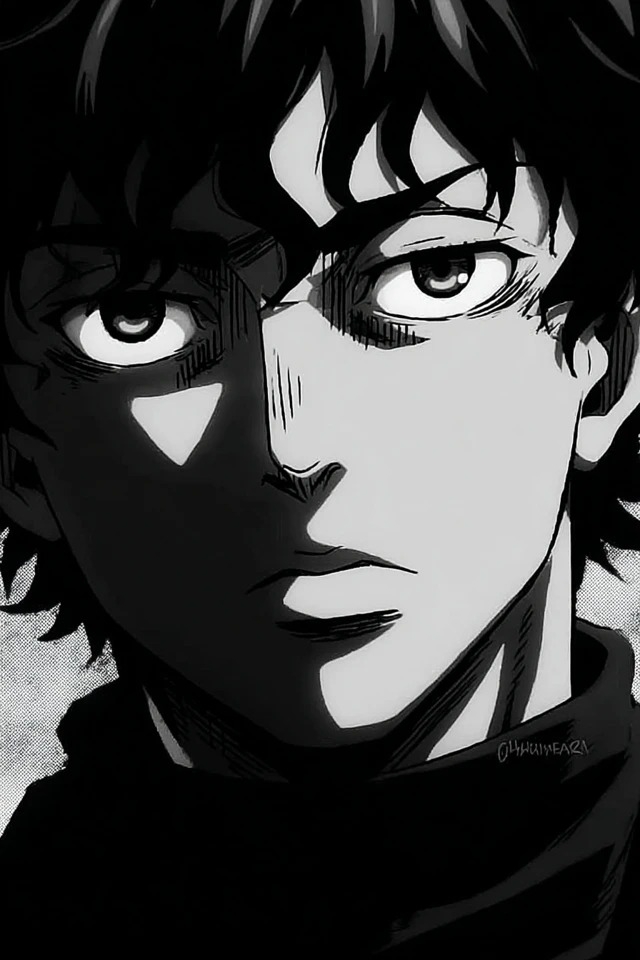 High-contrast monochrome manga aesthetic suitable for psychological thriller key art and noir anime posters