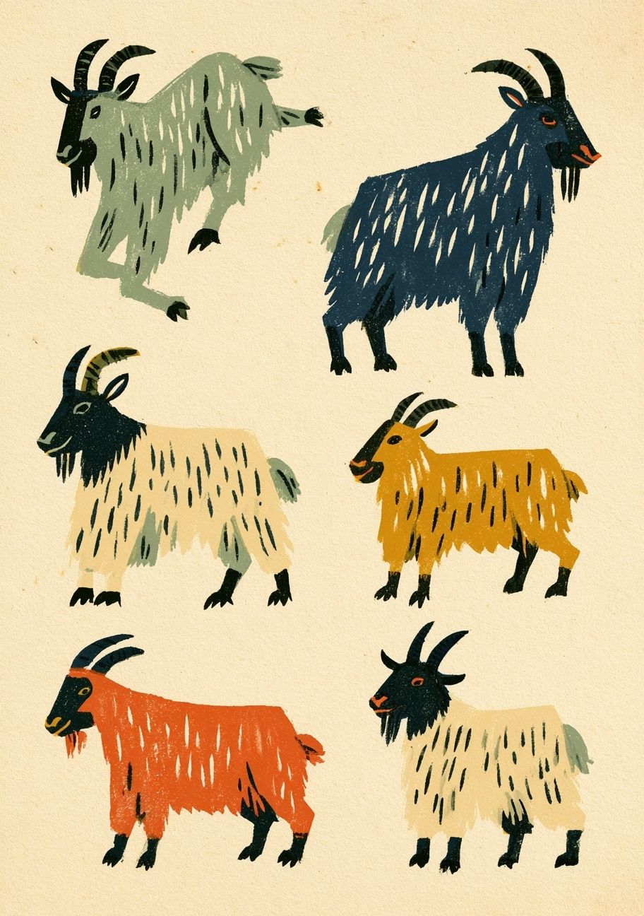 A vintage folk art poster featuring five mountain goats in various poses
