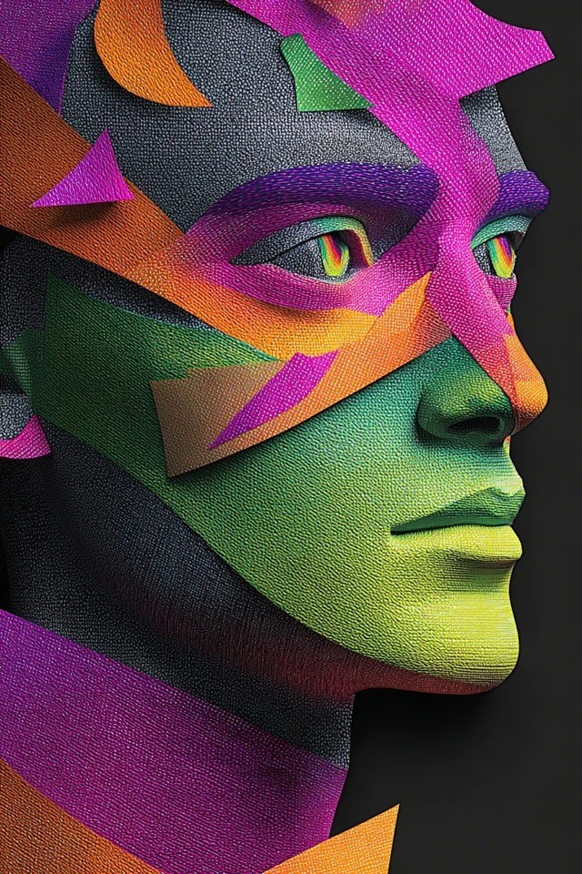 Vibrant low-poly aesthetic with textured surfaces and bold gradient palette suitable for digital art exhibitions and music festival posters