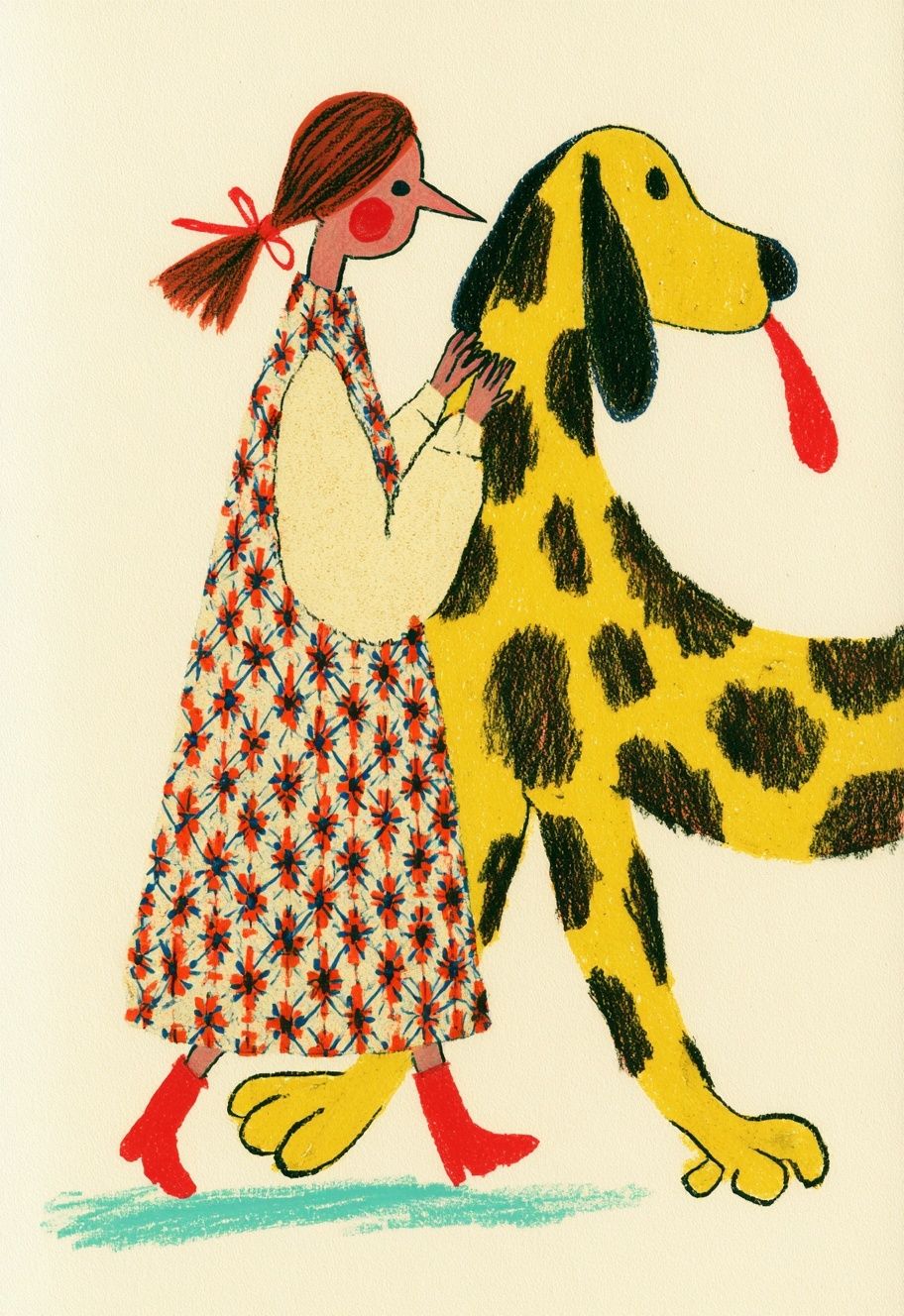 A red-haired girl walks with a large yellow dog
