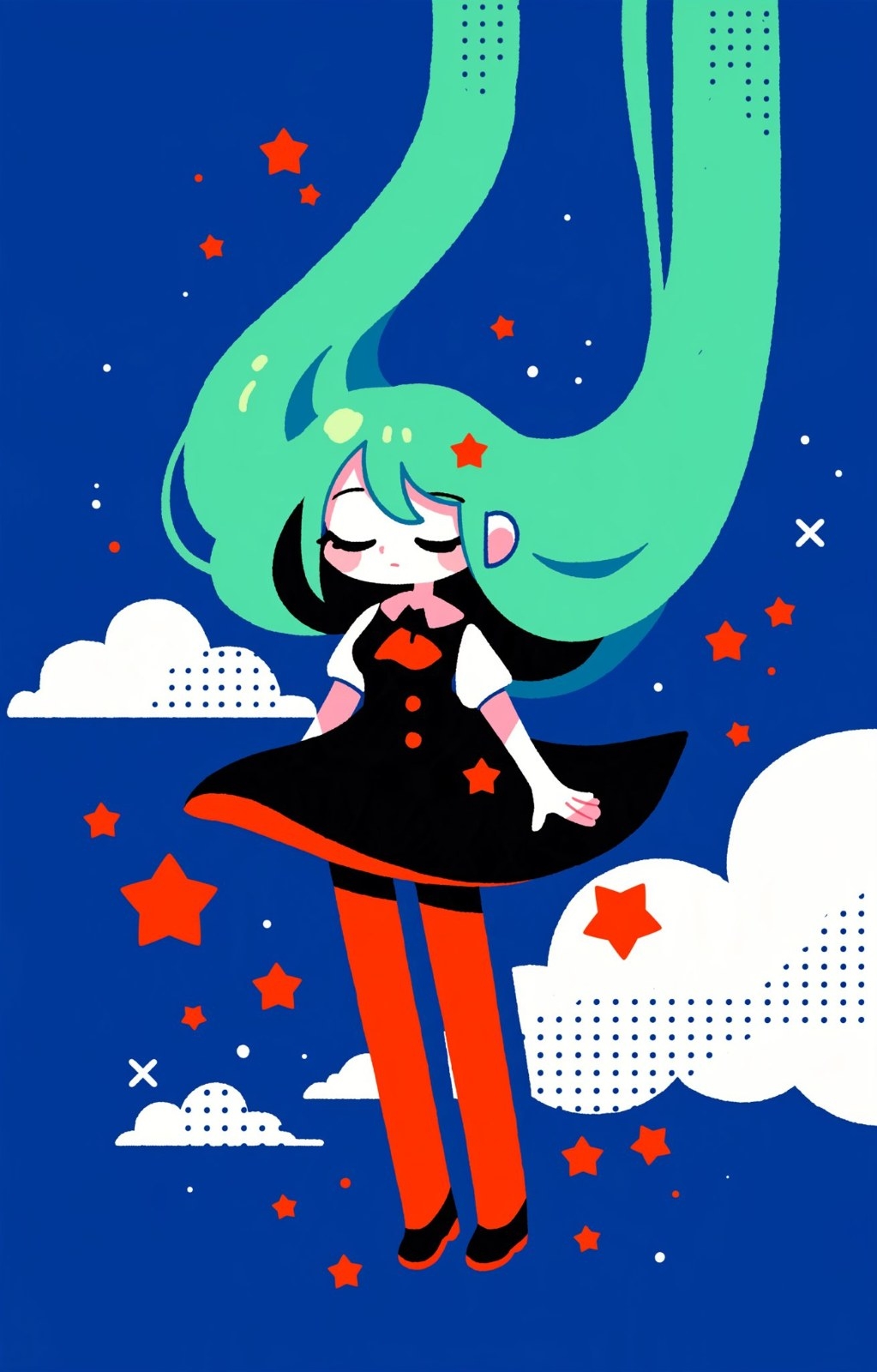 Cartoon girl in black dress with red bow stands in a dreamy starry sky
