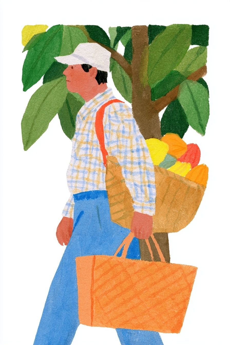 Illustration of a worker with a cocoa tree