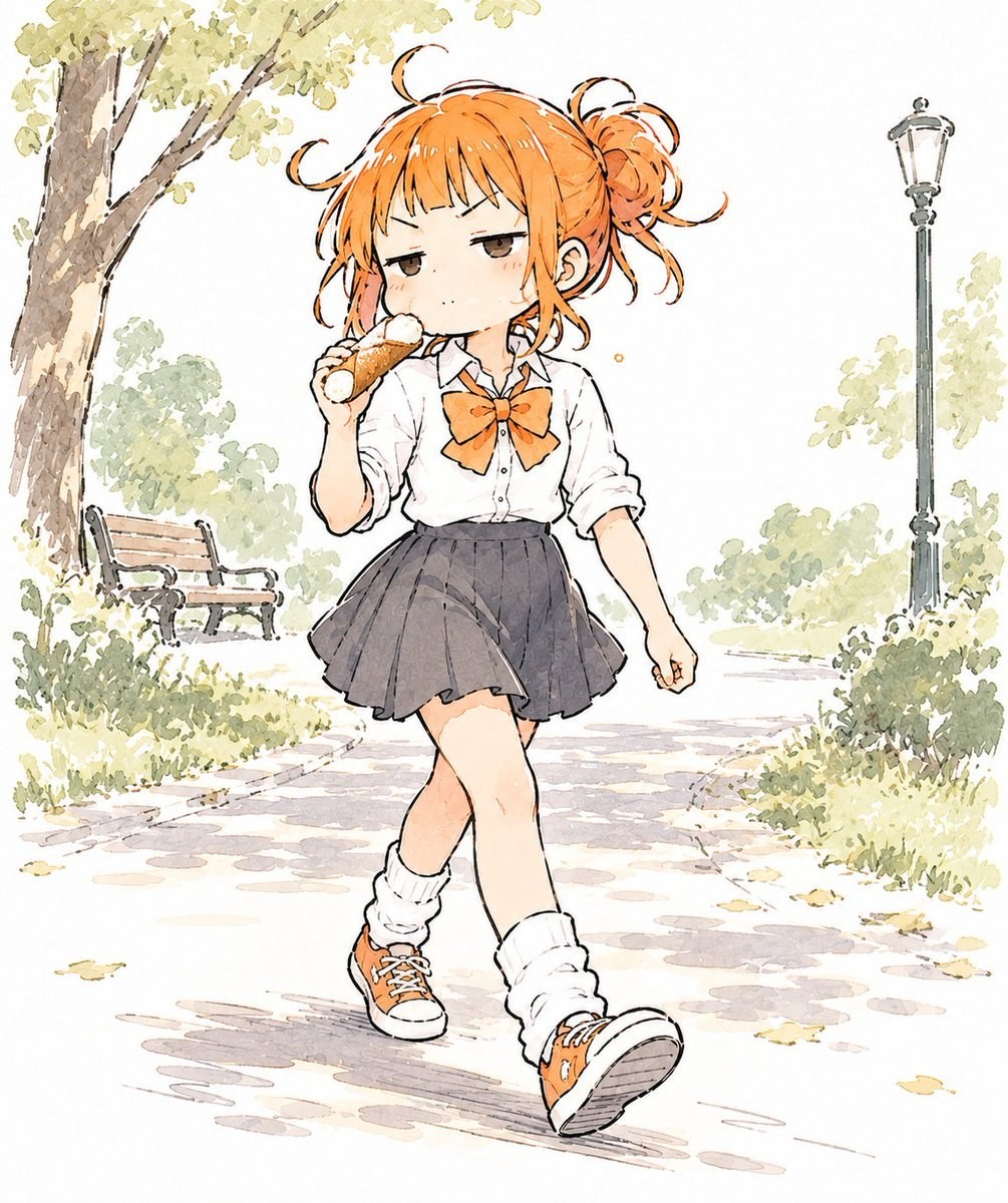 一位橙紅色頭髮的女孩穿著白襯衫和百褶裙走在公園裡啃面包