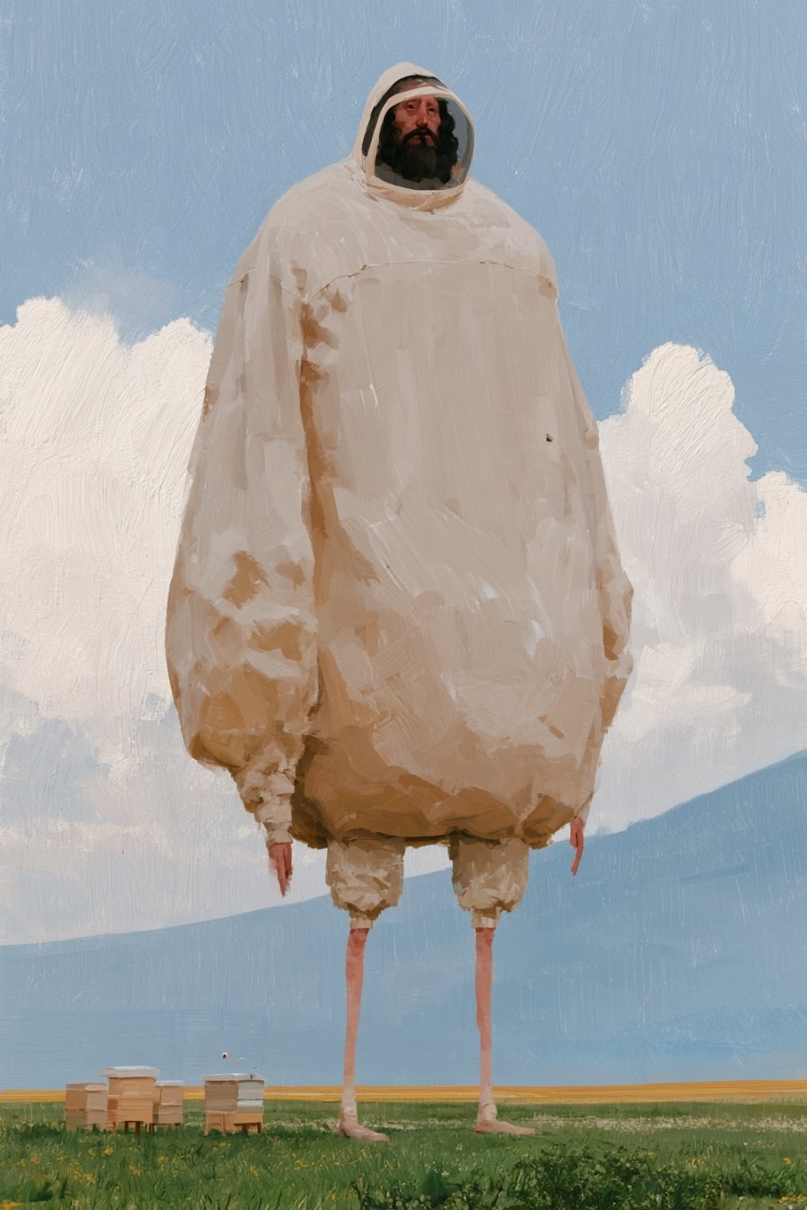 A bearded man in a cream-colored protective suit stands on the grass