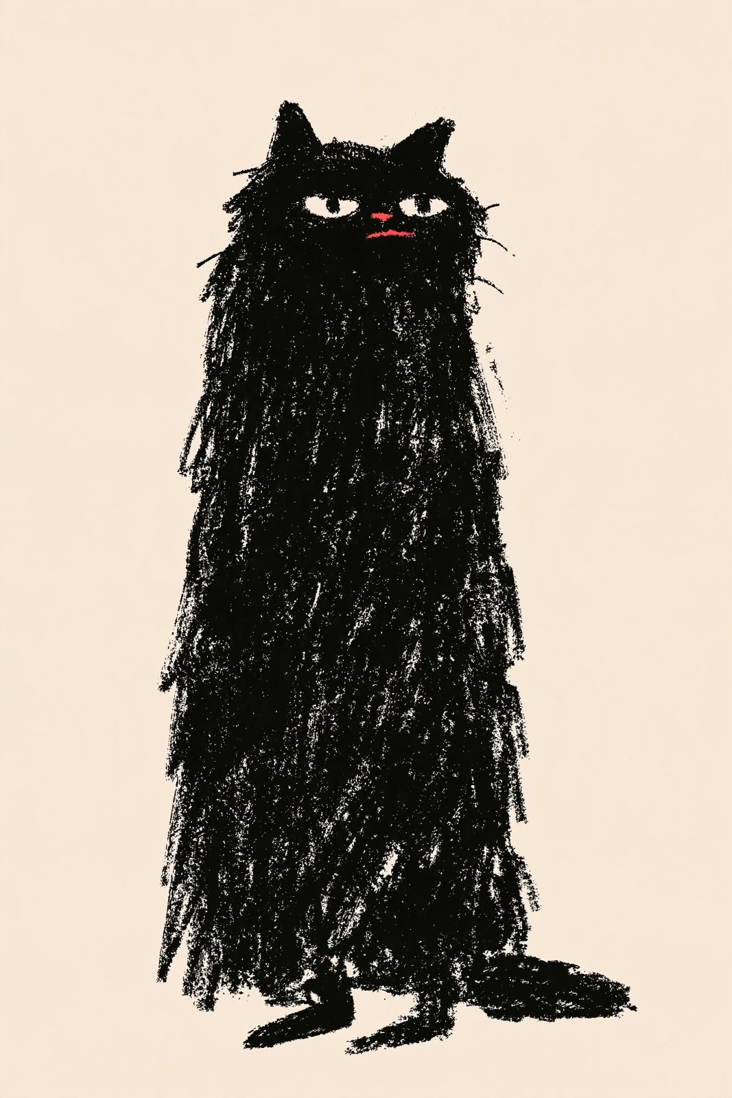 A long-haired black cat sits on a beige background