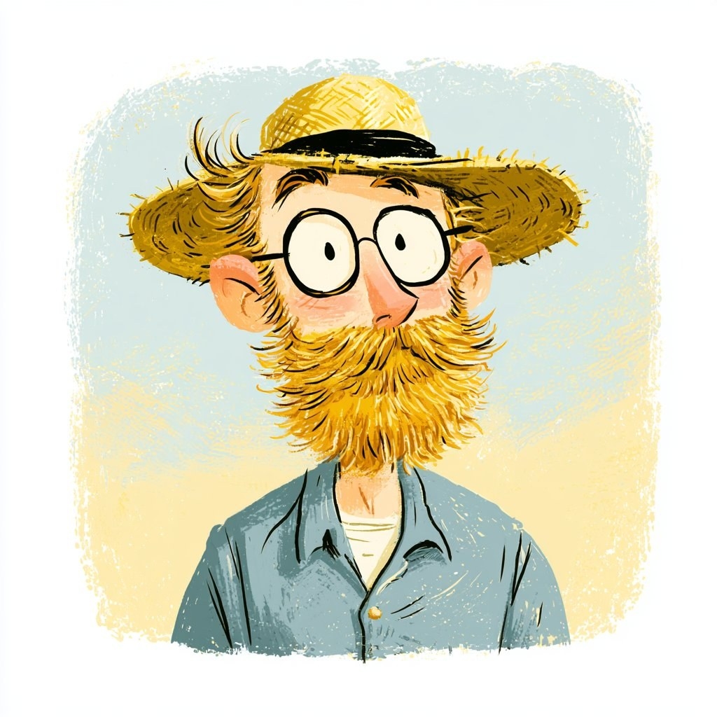 Un homme avec une barbe bouclée couleur brun doré porte un chapeau en paille à large bord et des lunettes rondes, vêtu d'un vêtement blanc et d'une chemise gris-bleu