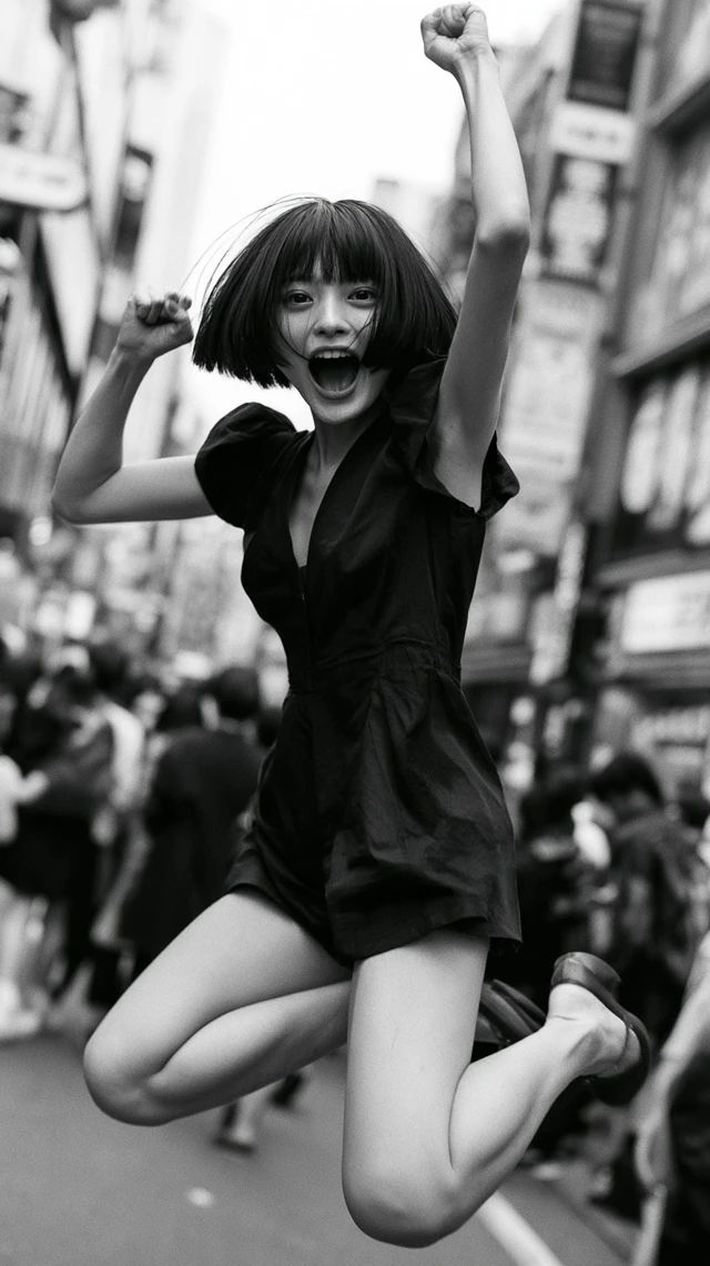 Une femme japonaise de 25 ans avec un bob court, dans une rue animée de Tokyo, capturée avec un objectif de 50 mm. Une photo en plein corps du sujet suspendu dans les airs, légèrement incliné vers la gauche. Les deux jambes sont pliées aux genoux et soulevées du sol, avec les chevilles étendues et les orteils pointant vers le bas. Le torse est droit avec une légère inclinaison vers l'avant et la poitrine ouverte. Les deux bras sont levés avec des coudes fortement pliés ; le bras supérieur droit est élevé près de la hauteur de l'épaule avec l'avant-bras droit et le poing serré, tandis que le coude gauche est plié devant le corps avec l'avant-bras incliné vers le haut et le poing serré. La tête est légèrement inclinée vers l'avant et tournée vers l'appareil photo. La pose est asymétrique, très dynamique et pleine de tension, démontrant un saut de victoire énergique dans les airs.