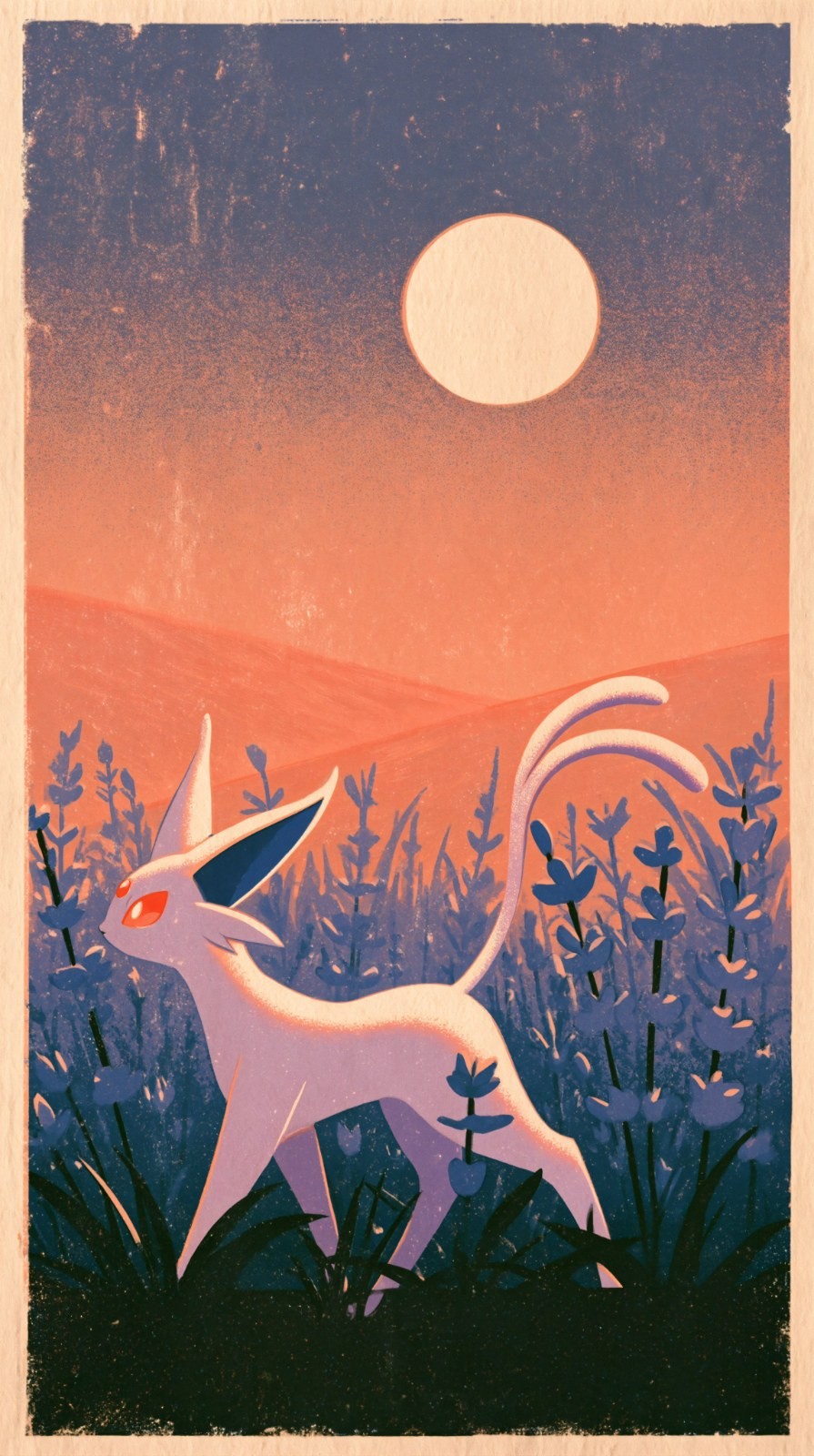 A light purple feline fantasy creature stands in the twilight grass, with deep blue inner ears, red eyes turned to the side, and a forked coiled long tail; its body is slender and graceful. The background sky transitions from deep purple-blue at the top to warm orange-red at the horizon, with a full bright moon hanging high in the sky. Surrounding it are lush blue-purple flowers and grass, with distant hills rising and falling. The scene has a vintage silk-screen printing texture, filled with fine particles and weathered edges, intertwining cool and warm tones to create a serene and dreamy atmosphere.