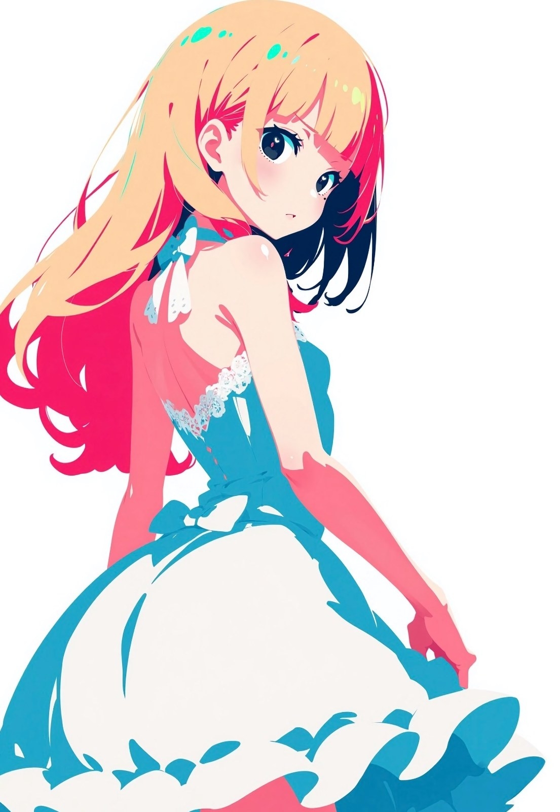 A girl with gradient blonde to red hair is wearing a blue and white backless dress