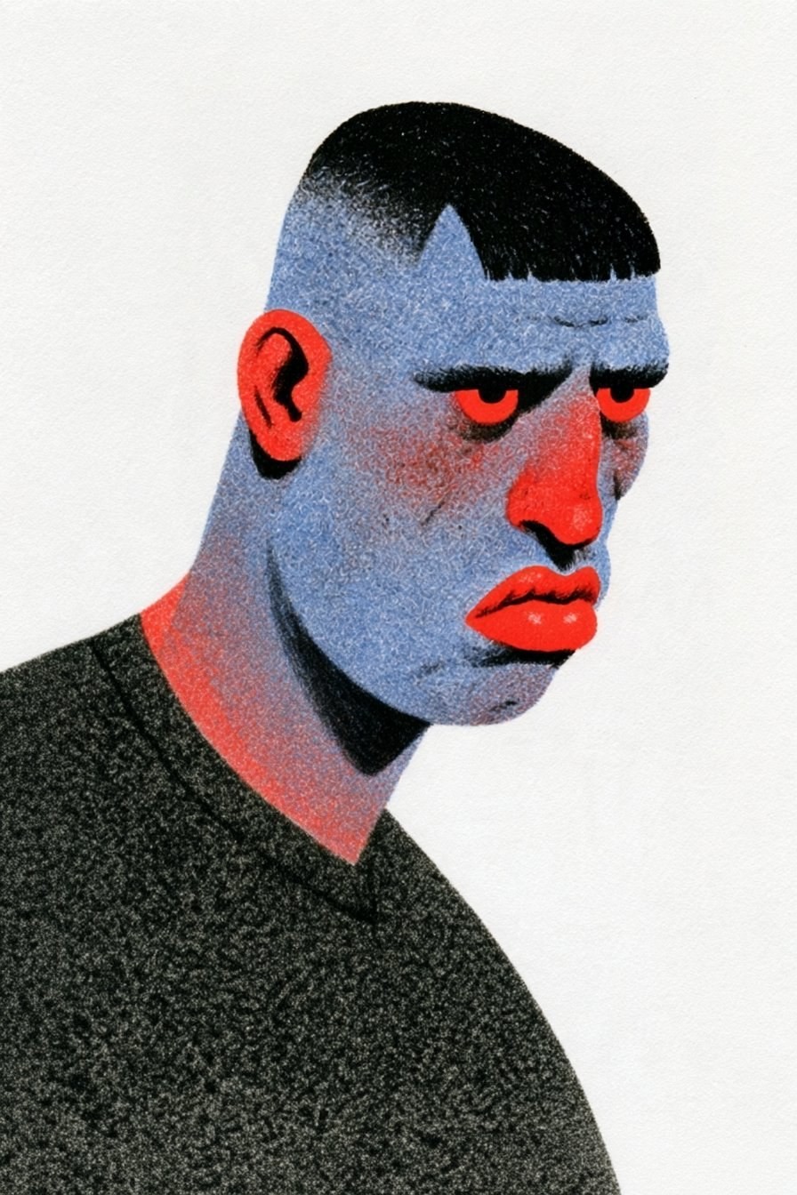 Une illustration de portrait masculin avec une peau bleue et des traits du visage rouges
