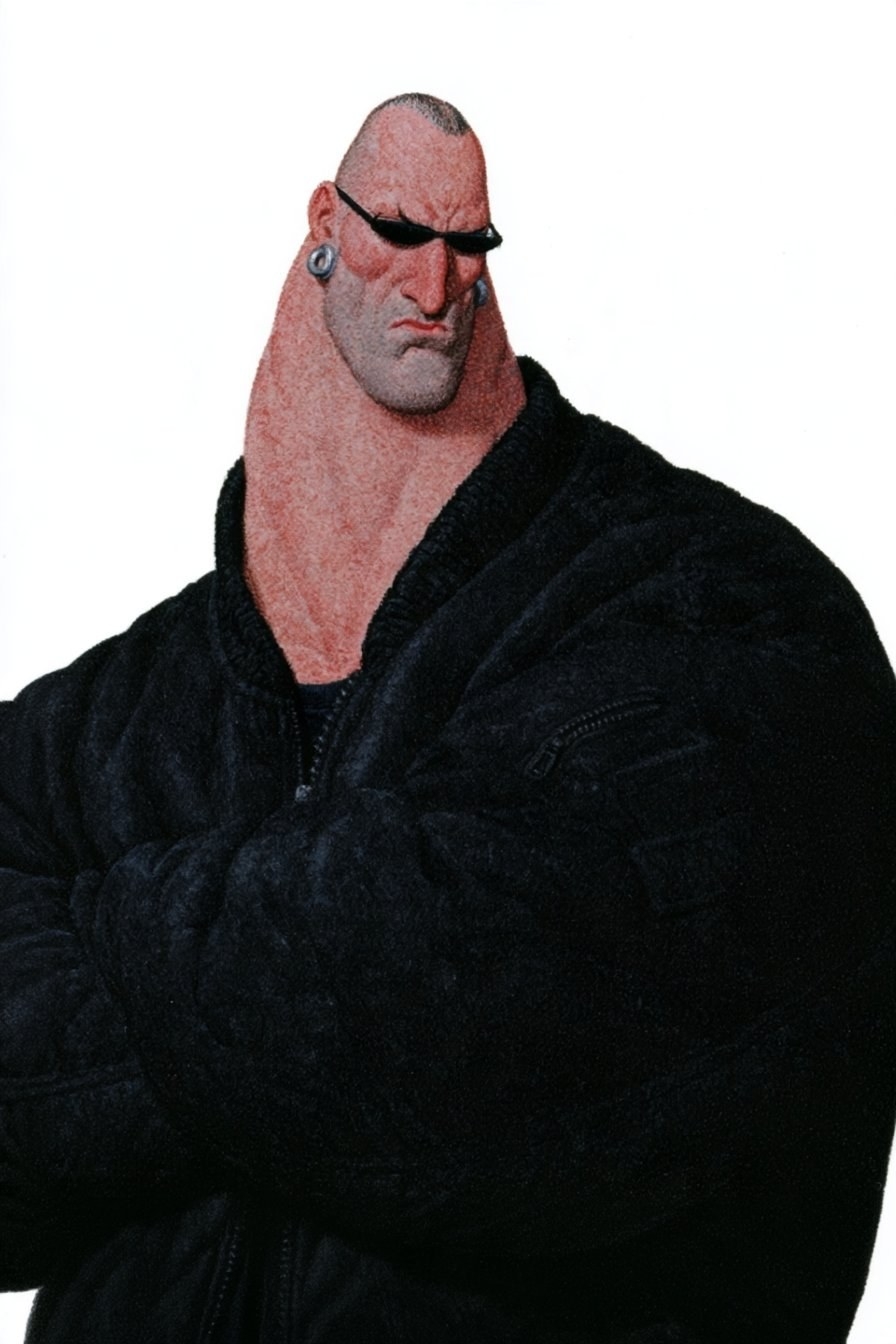 A muscular man is wearing a black hooded jacket