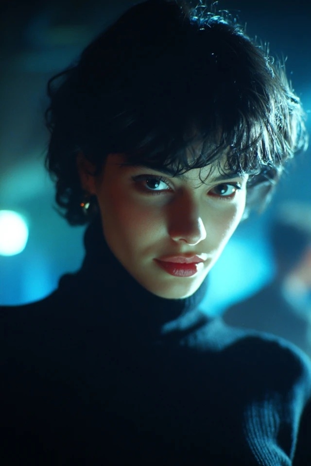 Hochkontrastive Filmaufnahme mit tiefem Cyan und Schwarz, geeignet für psychologische Thriller und Cyberpunk-Umgebungen
