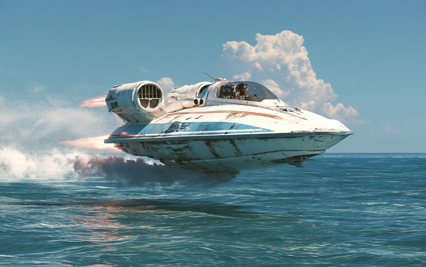 1970s-1980s retro-futuristic hover racing vehicle