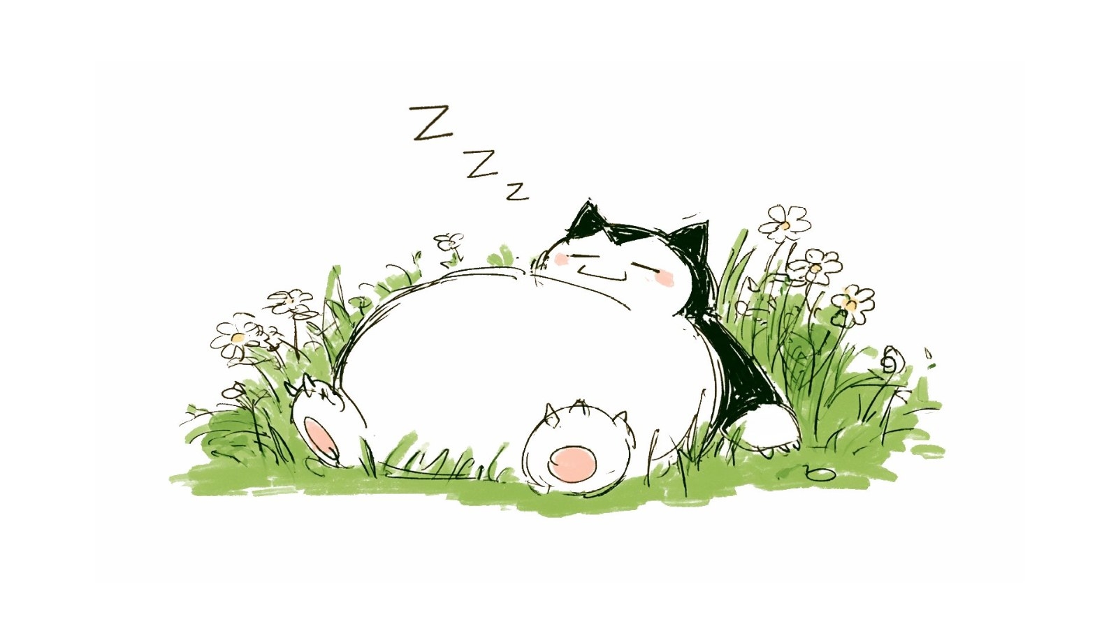 A black and white cartoon creature is sleeping in the grass