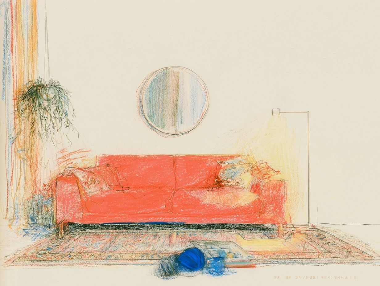 A cozy hand-drawn storybook illustration of a living room featuring a soft pink sofa with patterned cushions, a large patterned rug, a round wall mirror above the sofa, a hanging plant on one side, and a simple floor lamp on the other