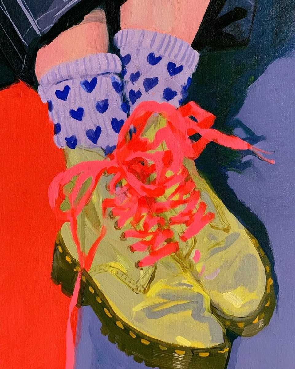 Cette peinture représente une paire de pieds entrelacés avec des chaussettes violettes claires et des motifs de cœurs bleus foncés