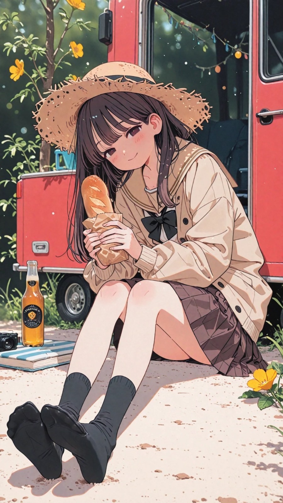 A black-haired girl wearing a straw hat, beige cardigan, and sailor outfit sits outdoors holding a baguette