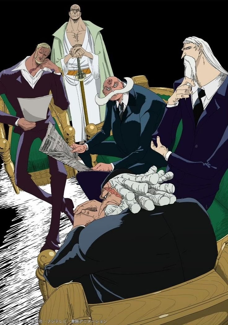 Five elderly male characters dressed in formal attire or robes display various postures