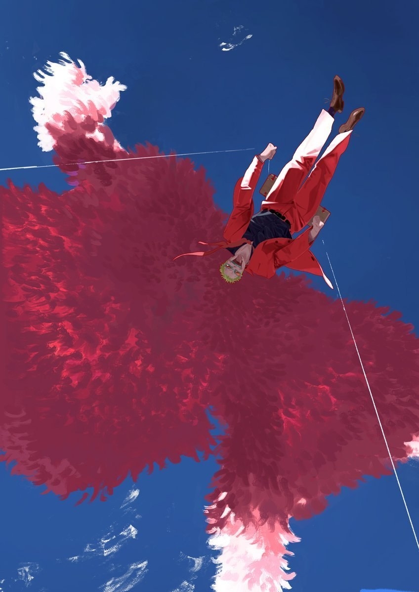 A blond man in a red suit and white pants is hanging upside down in the air