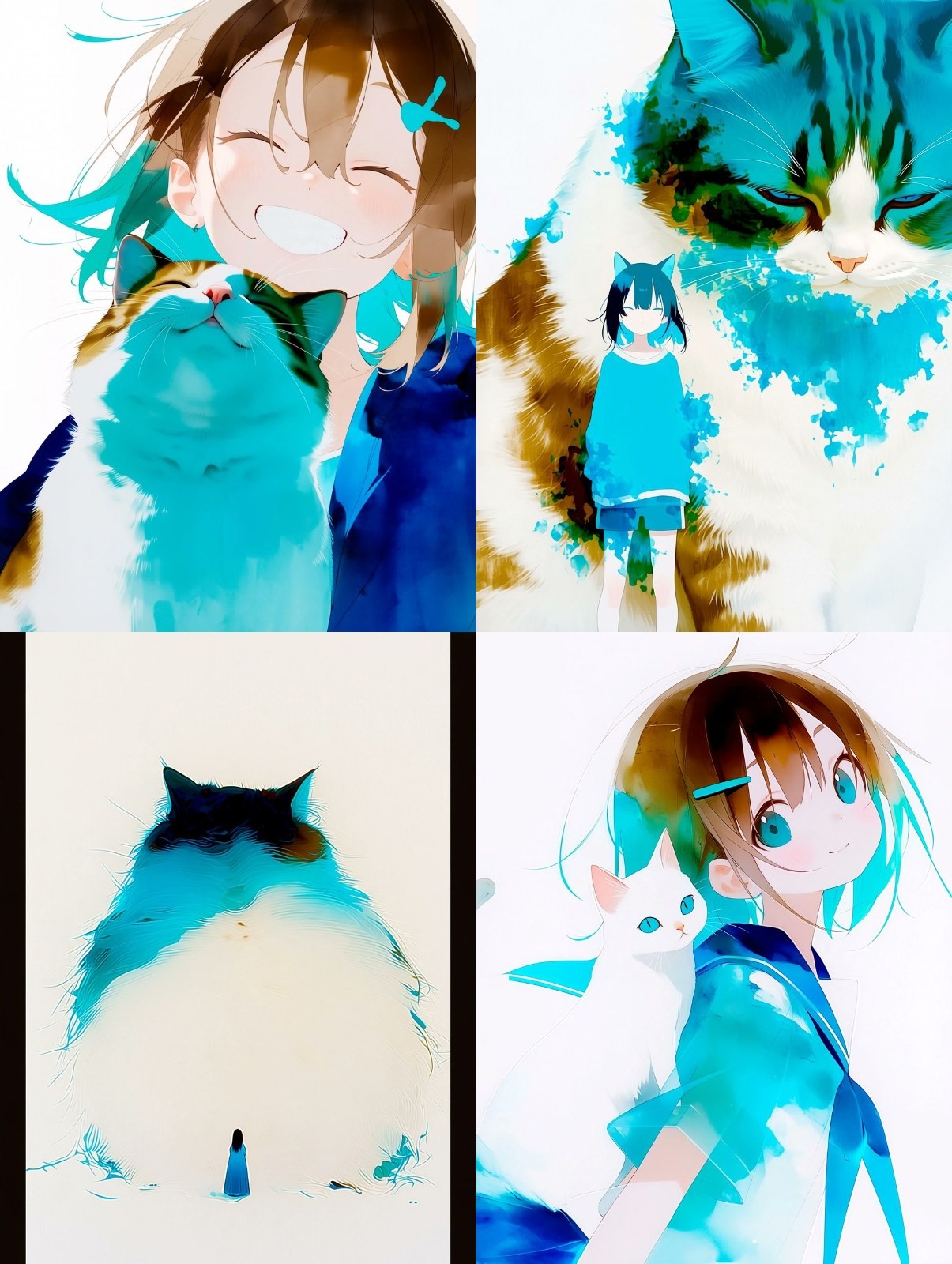 Vier Aquarellillustrationen zeigen eine traumhafte Szene mit kurzhaarigen Mädchen und Katzen